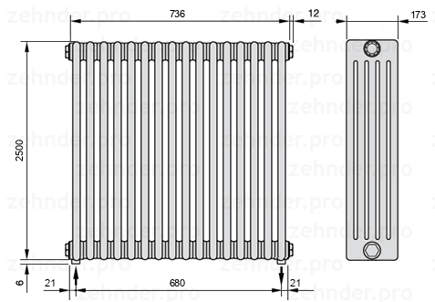 Схема (чертеж) Радиатор Zehnder Charleston 5250/16 №3570 Белый глянцевый RAL 9016